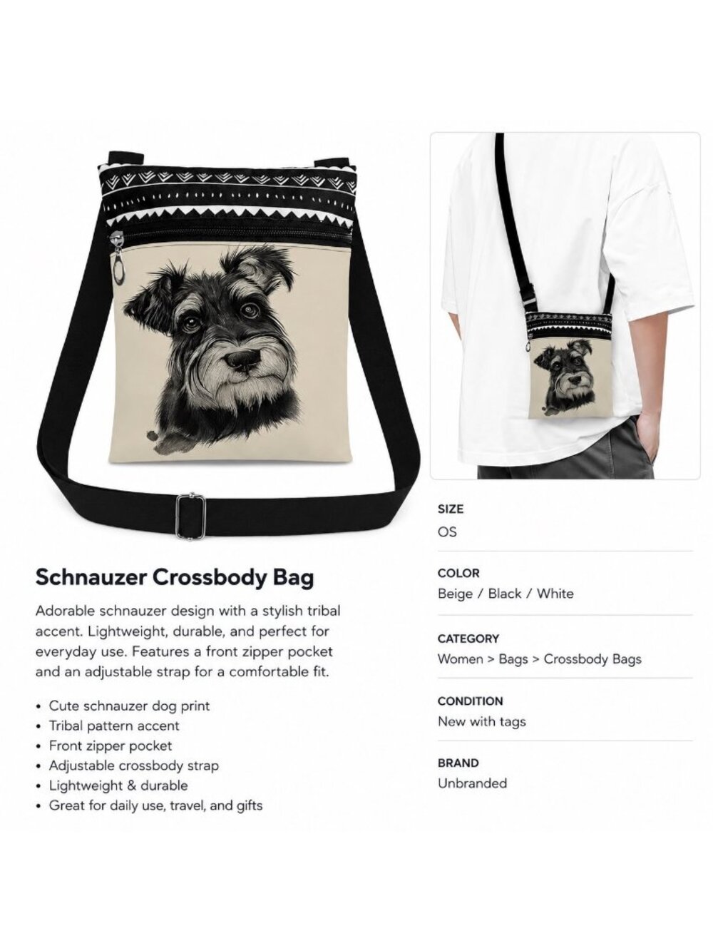 Schnauzer Crossbody Bag With Tribal Pattern & Adjustable Strap - Picture 2 of 2